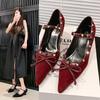 Pointed Suede Ankara Red One-Buckle with Mary Jane Women's Shoes 2025 Bow Heel Leather High Heels