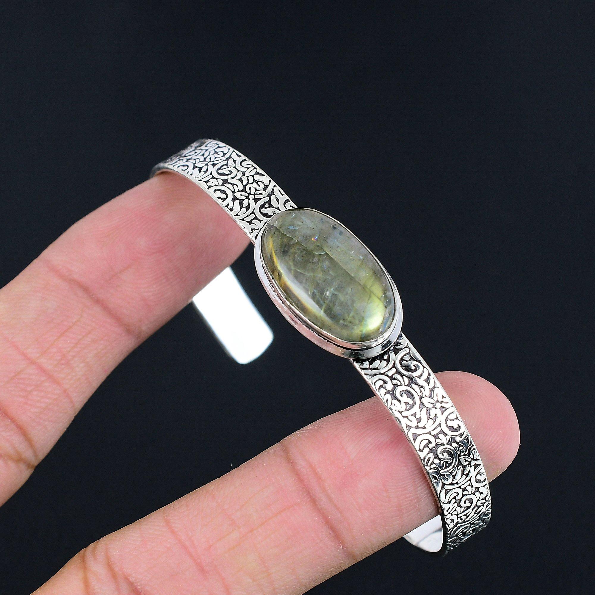 

Natural Labradorite Gemstone 925 Sterling Silver Bangle Adjustable For Women Adjustable