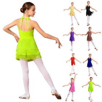 Kids Girls Latin Leotard Dress Dance Costume Rhinestones Fringe Bodysuit Skirted Dress Halter V-neck Sleeveless Tassel Jumpsuit