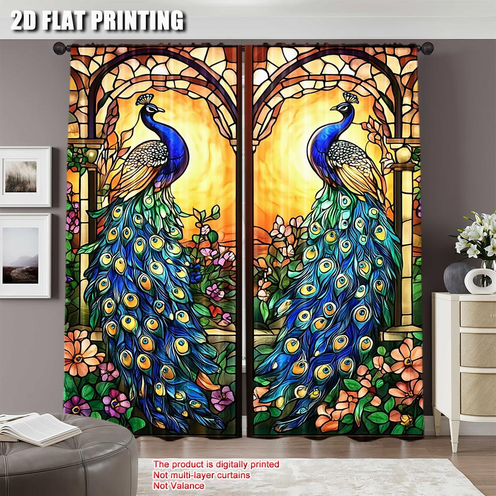 Set Of 2 Peacock Flower Glass Window Painted Curtains Suitable Multiple Rooms Bedroom Office Kitchen Living Room Study Bathroom Made Polyester Great