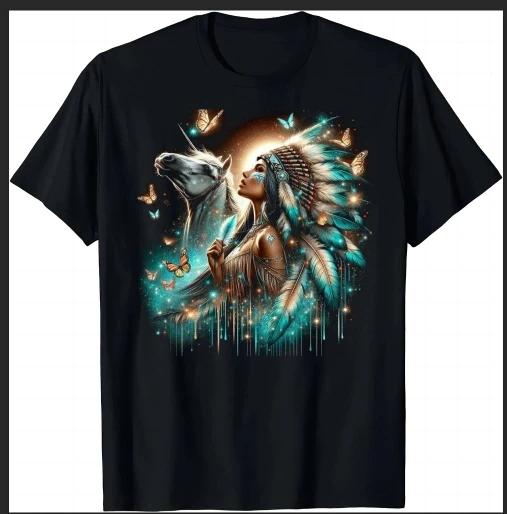 Butterflies Surrounding The Indian Female Chief and The White Horse Ethnic Style Personality TShirt Unisex Clothing Streetwear