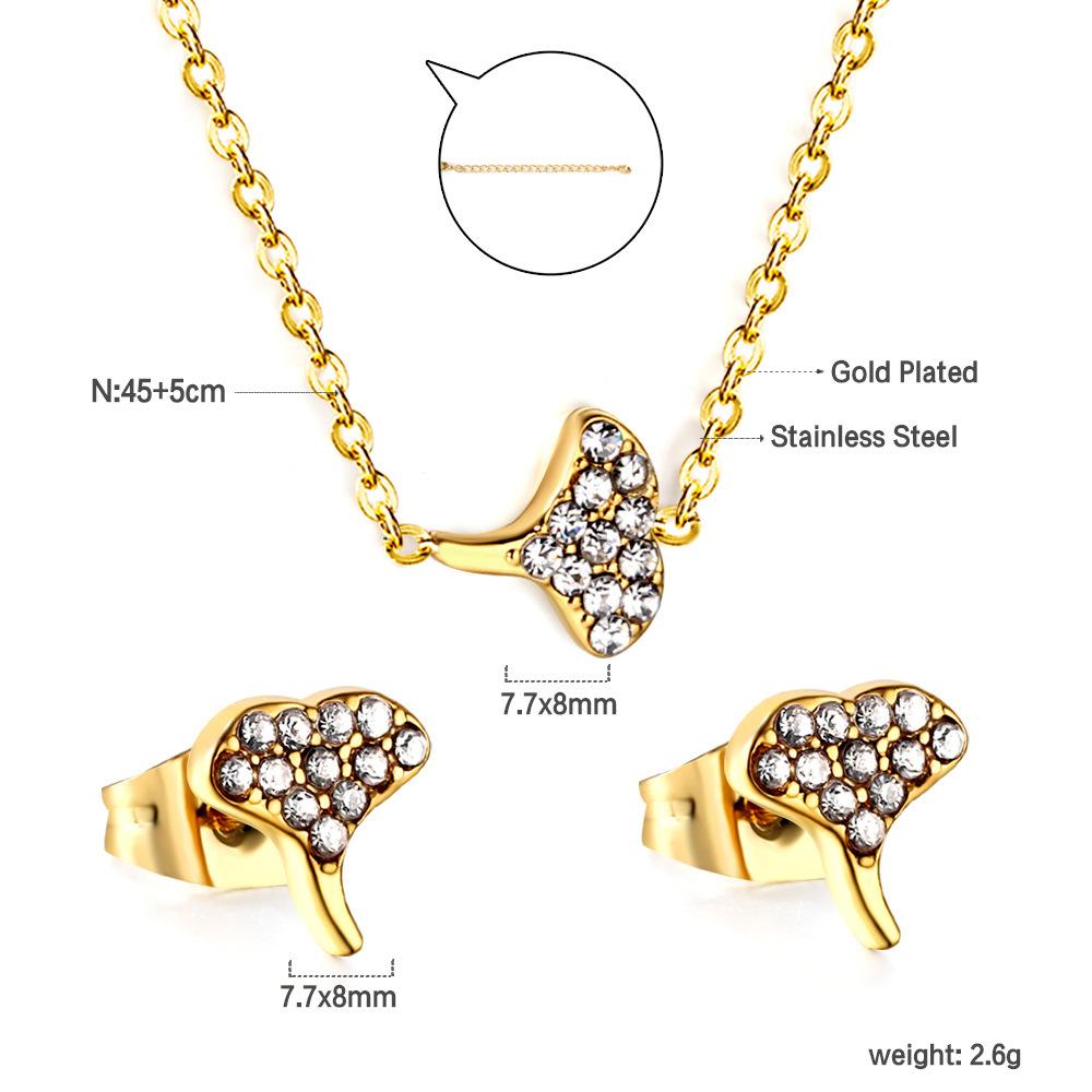 Fashion Versatile Sticky Diamond Jewelry Small Fresh Crown Heart Pendant Necklace Small Earrings Stainless Steel Jewelry Set Women