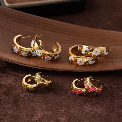 Court Style Hand-Painted Flower Earrings Flower Rose C-Shaped Earrings Niche Personalized Design Sense Jewelry