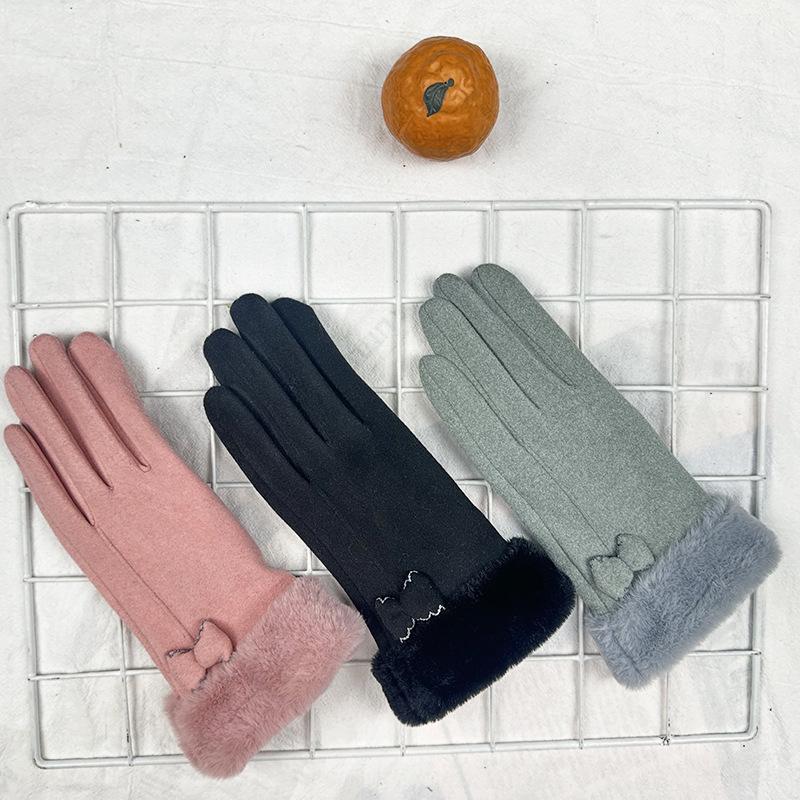 Bow Warm Gloves Women'S Thickened Velvet Cold-Proof Cycling Gloves Can Touch The Screen