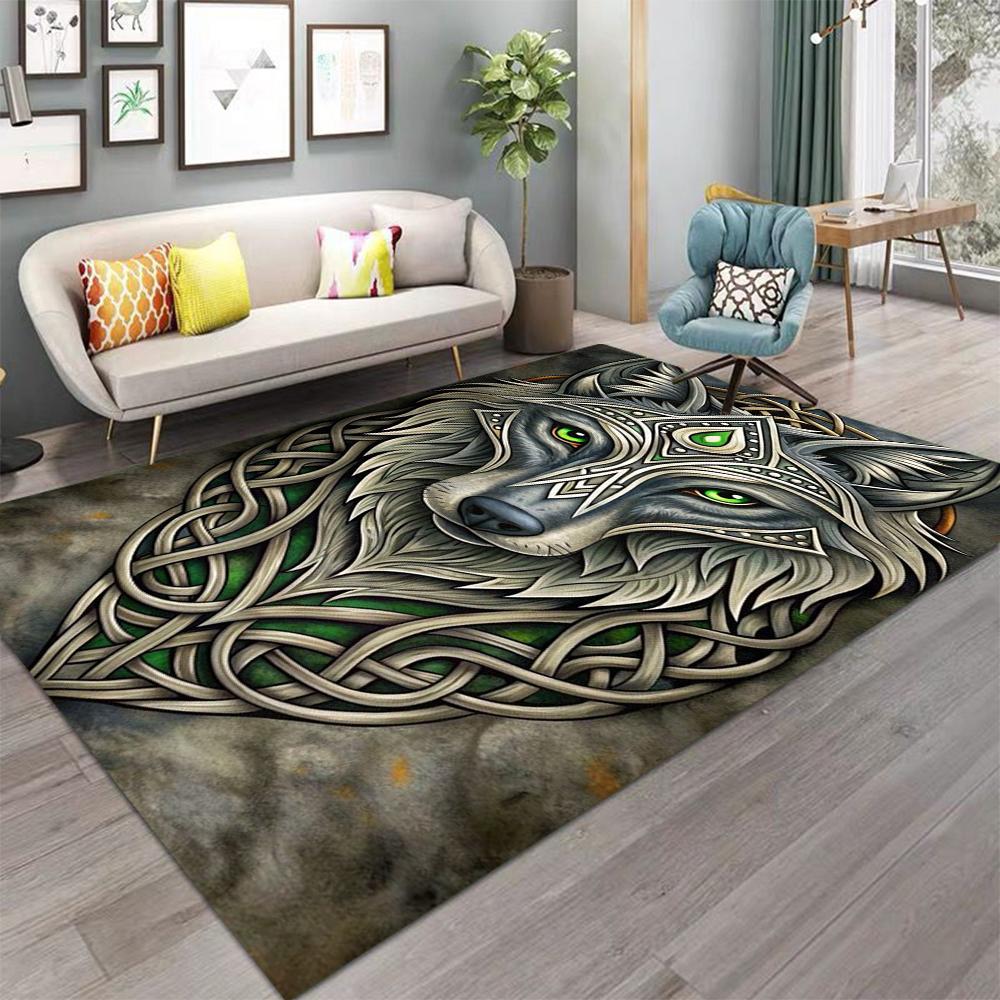 Viking Rune Wolf Pattern Area Rug Vintage-Themed Carpet Non-Slip for Office Bedroom Living Room Outdoor Cool Gift Decoration Mat
