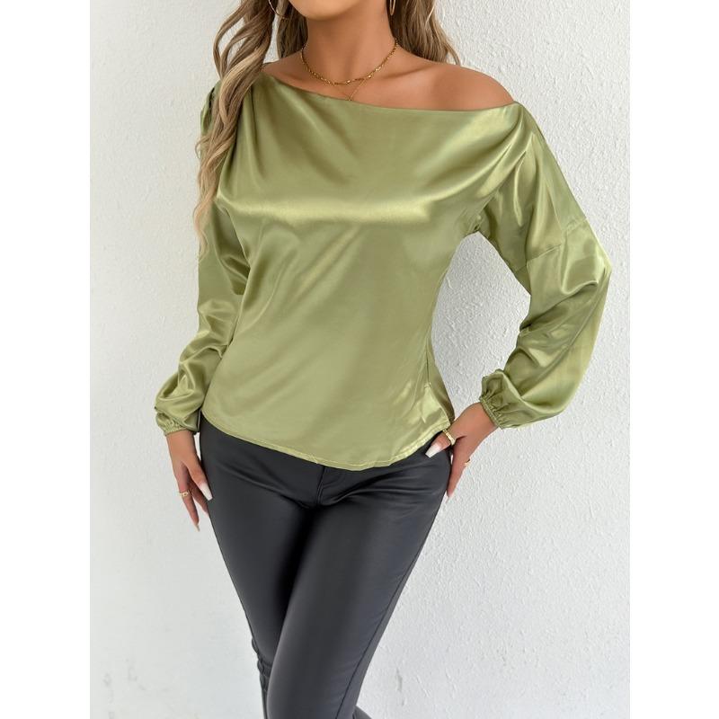 Women Loose Off Shoulder Satin Long Sleeve Solid Color Commuter Pullover Shirt S жёлтый
