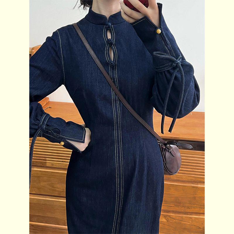 Chinese Retro Denim Qipao Dress - Elegant, Slimming Stand-Up Collar Autumn Wear Medium темно-синий