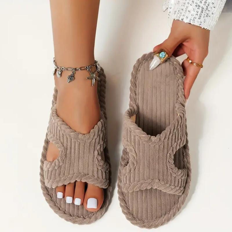 Elegant Women's Striped Slippers - Soft, Comfortable Fabric with Rubber Sole for All Seasons