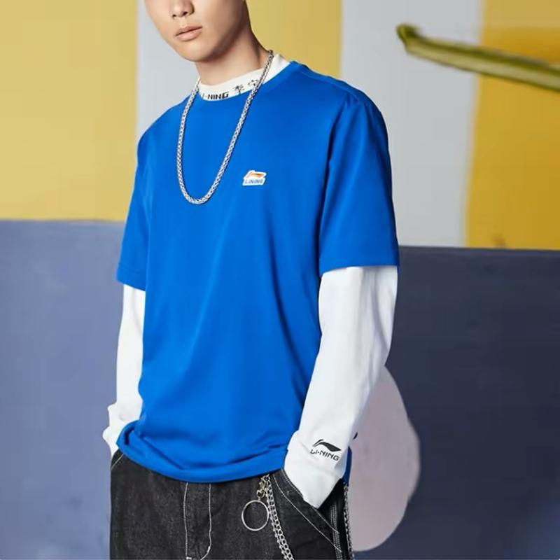 Li Ning Logo Embroidered Solid Color Round Neck Casual T-Shirt Men Tops Dark-Blue ATST639-4