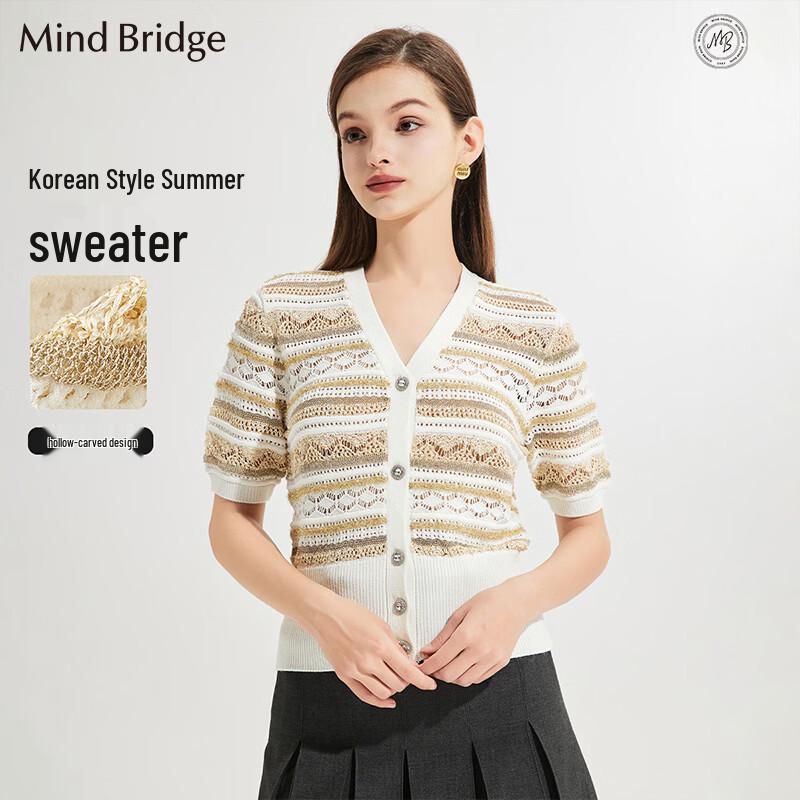 Mind Bridge Women s Jacquard Knit V-Neck Short Sleeve Top L