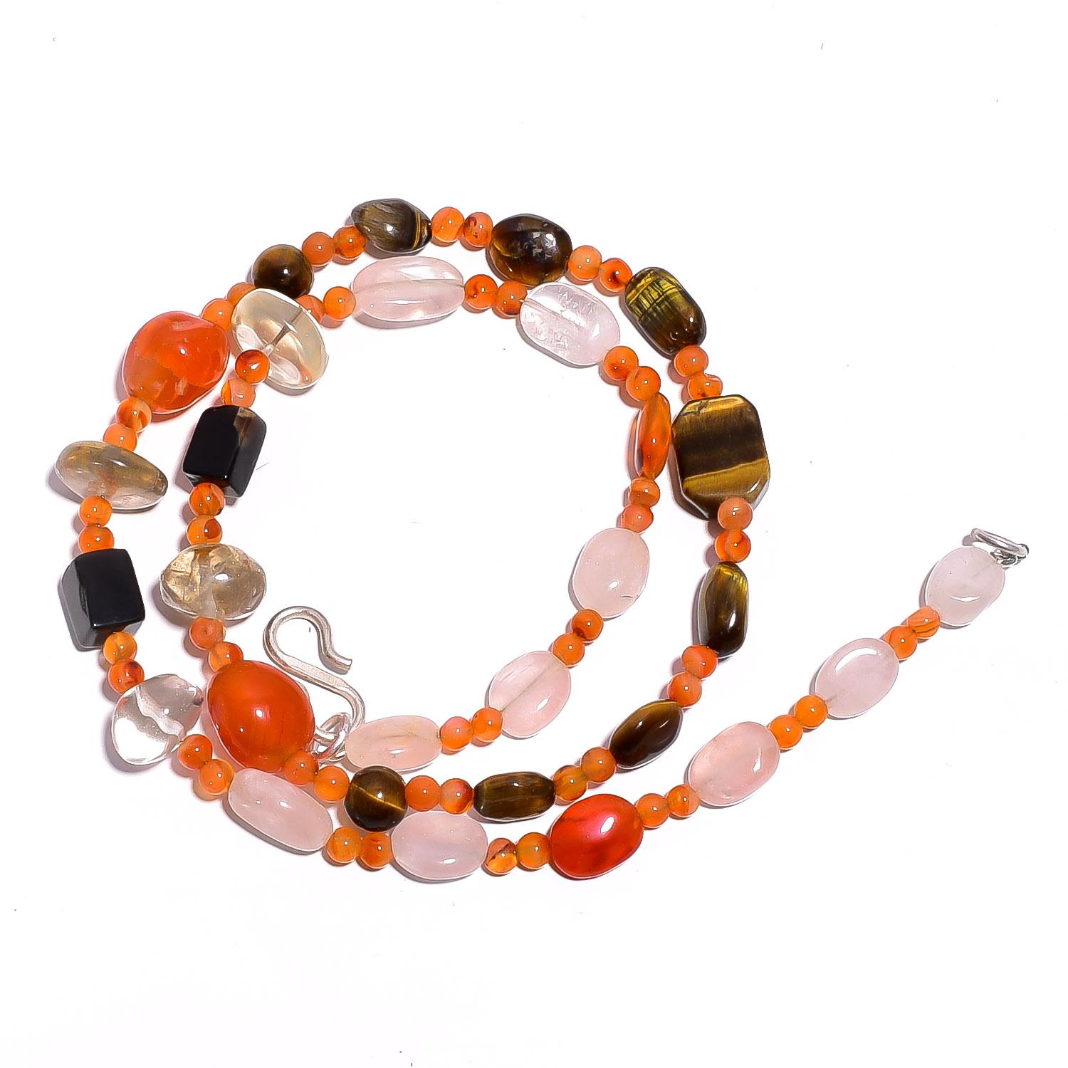 

Natural Rose Quartz Carnelian Tiger Eye Gemstone Beads Necklace 17 UB-4617 UB-4617
