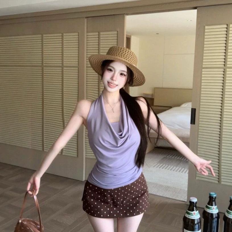Spice Girl Style Sexy Swinging Collar Neck Sling Vest Women's Early Spring New Slim and Thin High-end Halter Top