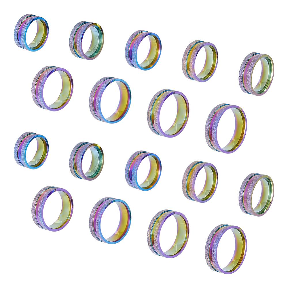 18Pcs 9 Size 201 Stainless Steel Grooved Finger Rings Set for Men Women, Rainbow Color, Inner Diameter: 16~22.2mm, Wide: 8mm, 2Pcs/size