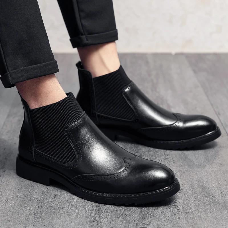 Winter Comfy British Style Man Ankle Boots Leather Brogue Shoe Retro Formal Business Dress Shoe Mens Boots Chelsea Fashion Shoes