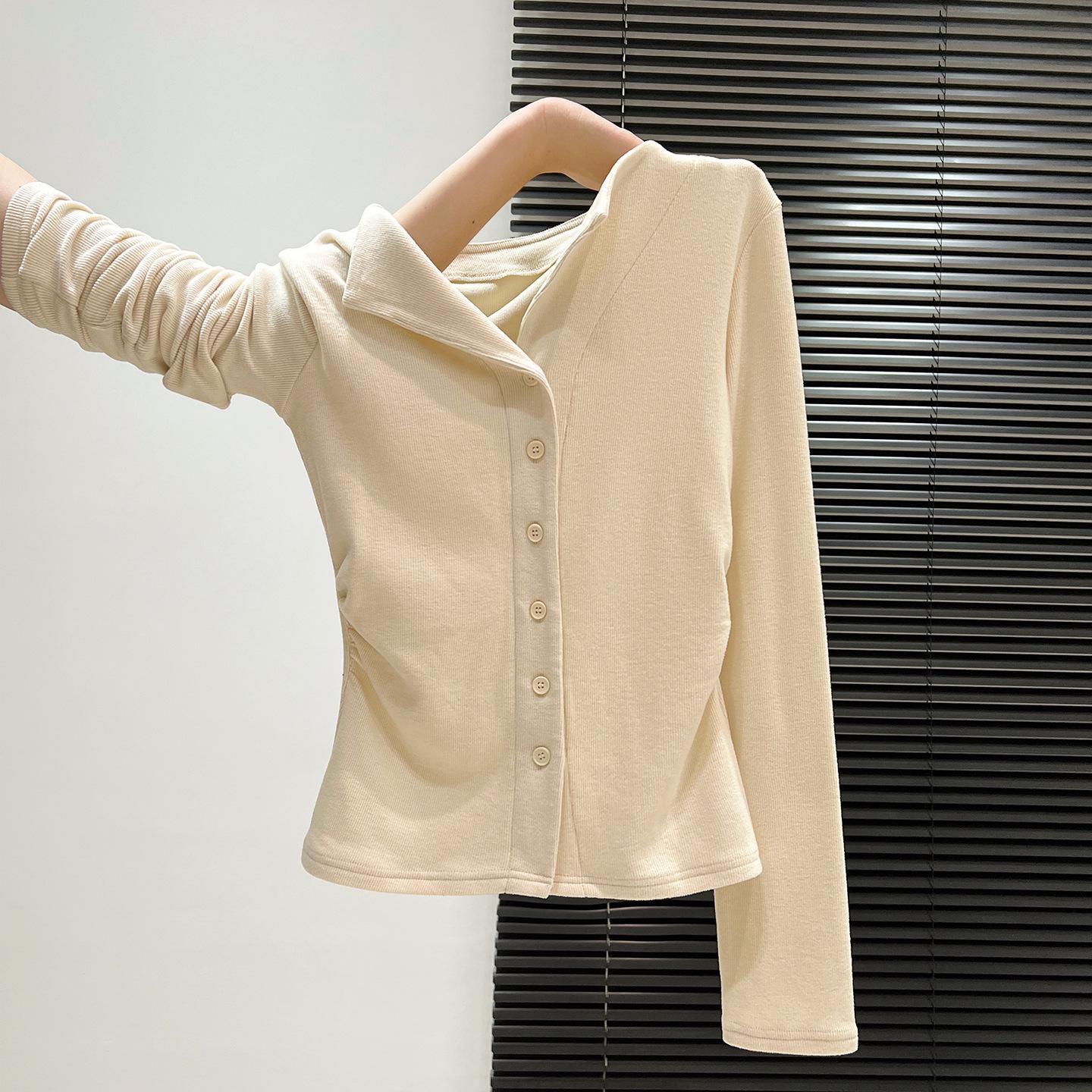 Women s Slimming V-Neck Pleated Long Sleeve Top - Autumn/Winter Small