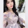 French Off-Shoulder Butterfly Print Long-Sleeve Ruffle Dress for Women - Spring/Summer Collection