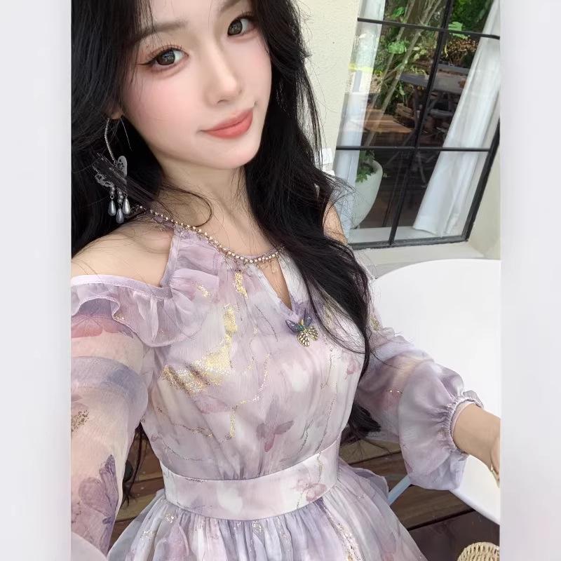 French Off-Shoulder Butterfly Print Long-Sleeve Ruffle Dress for Women - Spring/Summer Collection