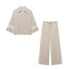Autumn Women's Loose Long Sleeved Lapel Casual Shirt Embroidered Tops Stripe Vintage Wide Leg Pants Elegant Solid Two Piece Sets