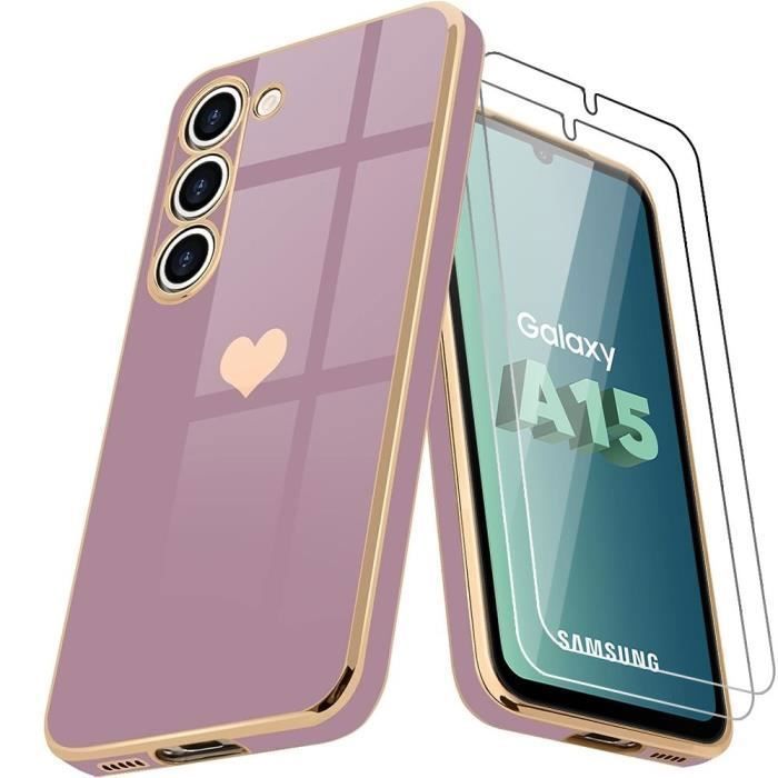 Coque + Verres Trempés - BOOLING - pour Samsung Galaxy A15 4G-5G - Violet - 2 Verres Trempés - Antichoc - Cœur