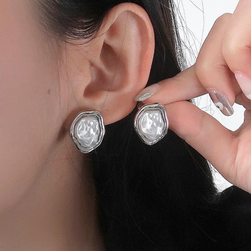 Stainless Steel Geometric Irregular Round Pearl Earrings for Women Minimalist Style Personality Ear Studs Trendy Jewelry Gifts