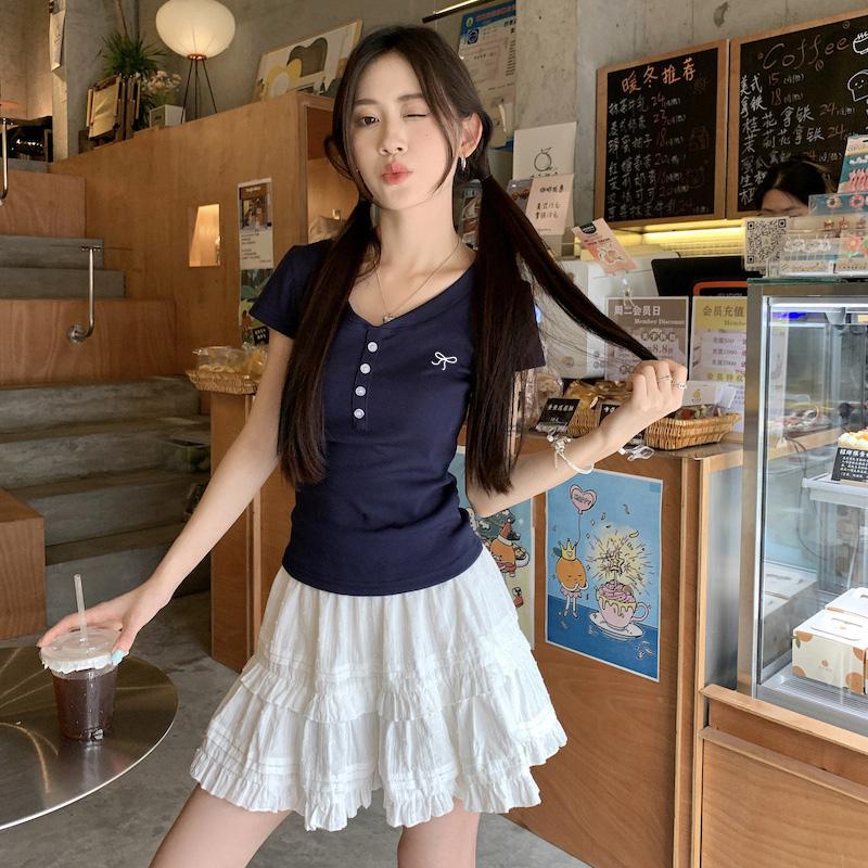 

Женская однотонная футболка с короткими рукавами, весна-лето, обтягивающая блузка с V-образным вырезом и вышитыми пуговицами, топ-пуловер S-XXL M темно-синий