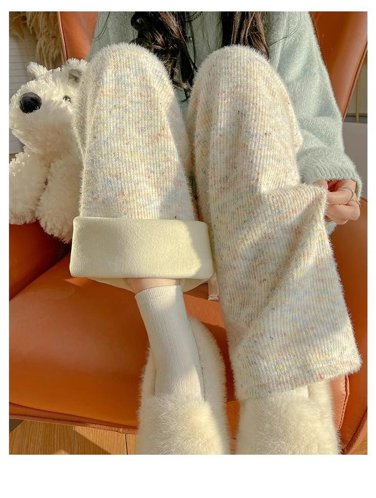 Japanese Fleece-Lined Rainbow Sticky Rice Pants: Petite Autumn/Winter Casual Knit Wide-Leg 145-150