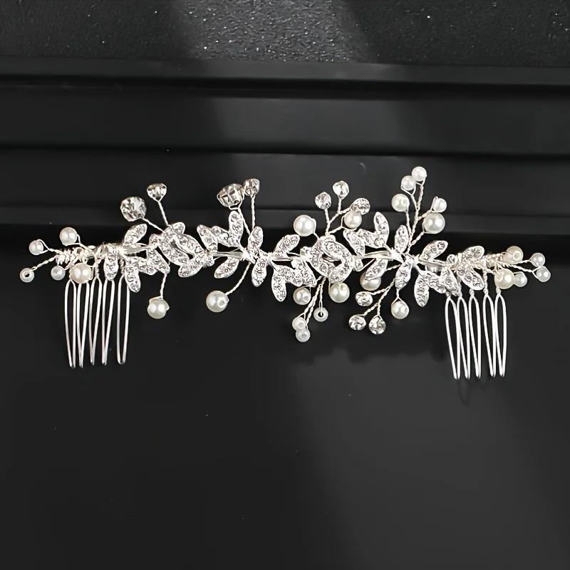 Handmade Silver Crystal Flower Hair Comb Pearl Rhinestone Flower Hair Combs for Women Bride Hair Jewelry Wedding Hair Accessorie