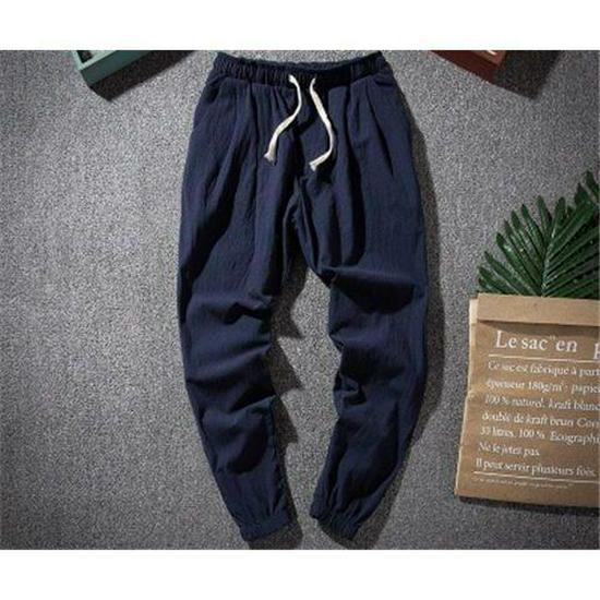 Men's Loose Straight Elastic Waist Linen-Cotton Tang Suit Pants for Spring and Summer