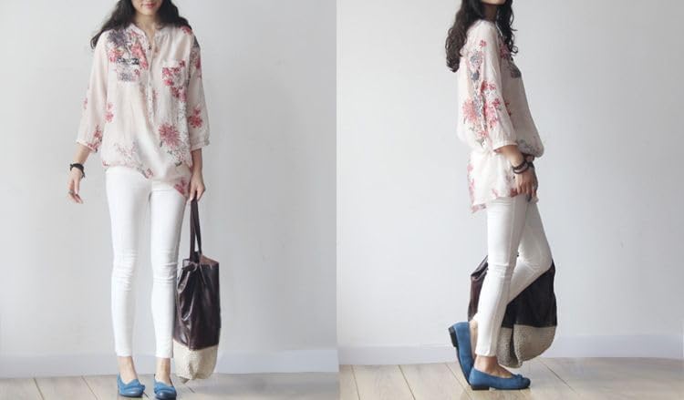 Pretty floral pattern sleeve pullover cute and stylish band pocketed summer fashion pink [aspersio] 3/4 tunic, mature, top, women's shirt, long,