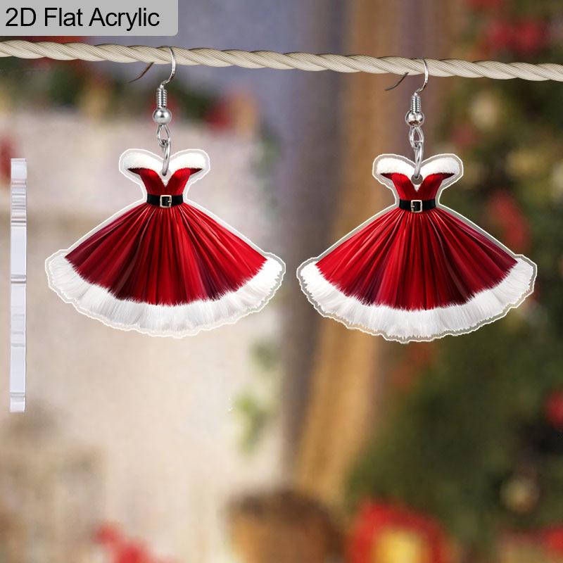 2D Flat Santa Claus Dress Earrings for Women Christmas Red Skirt Earrings Dangle Acrylic Clothing Drop Earrings Christmas Jewelry Gift