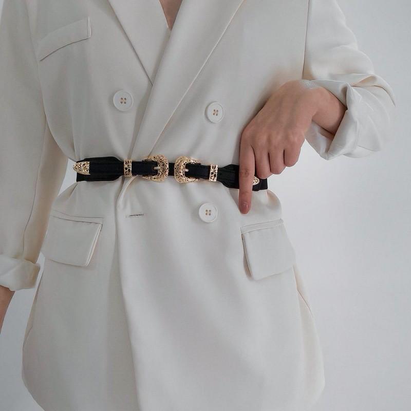 

Retro Beautiful Flower Waist Belt For Women Made Of Pu Featuring Adjustable Closure For A Flattering Silhouette DoubleButton Black