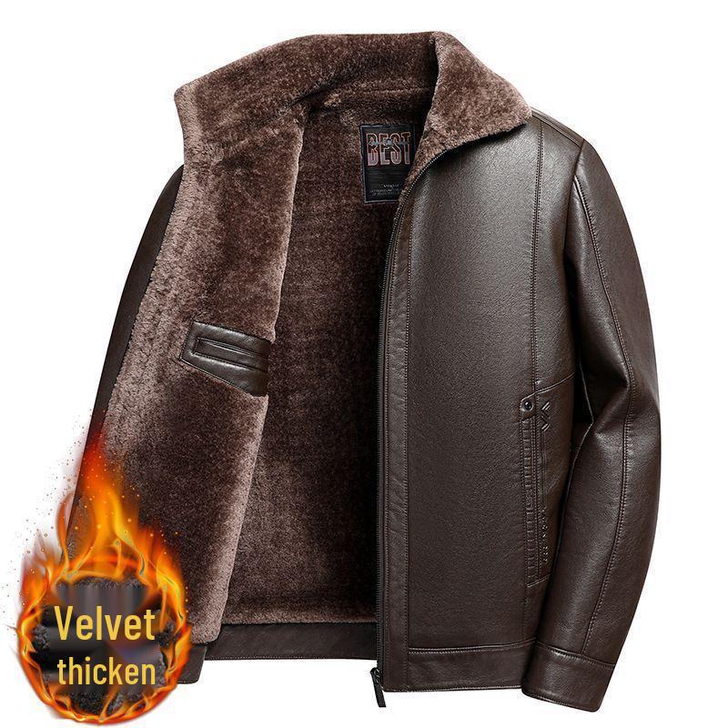 Thickened Lambskin Leather Jacket with Fur Lining for Middle-Aged and Elderly Men