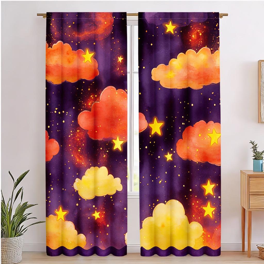 2 Pezzi Tende Oscuranti Stile Classico, Cielo Notturno Acquerello Blu Scuro con Stelle, Tende in Poliestere per Camera da Letto Bambini Bagno