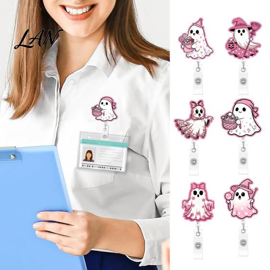 Lightweight Retractable Badge Holder Halloween Ghost Reel, Glitter Acrylic Clip, Cute Pink Smooth Cord Reel ID Name for Women Nurse Teacher
