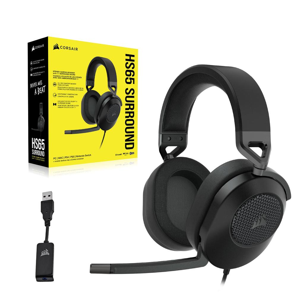 CORSAIR HS65 SURROUND Gaming Headset with Compatible with Xbox and Discord Certified Carbon 3.5mm Connector, Mac, PS5, PS4, Series, Switch, - -