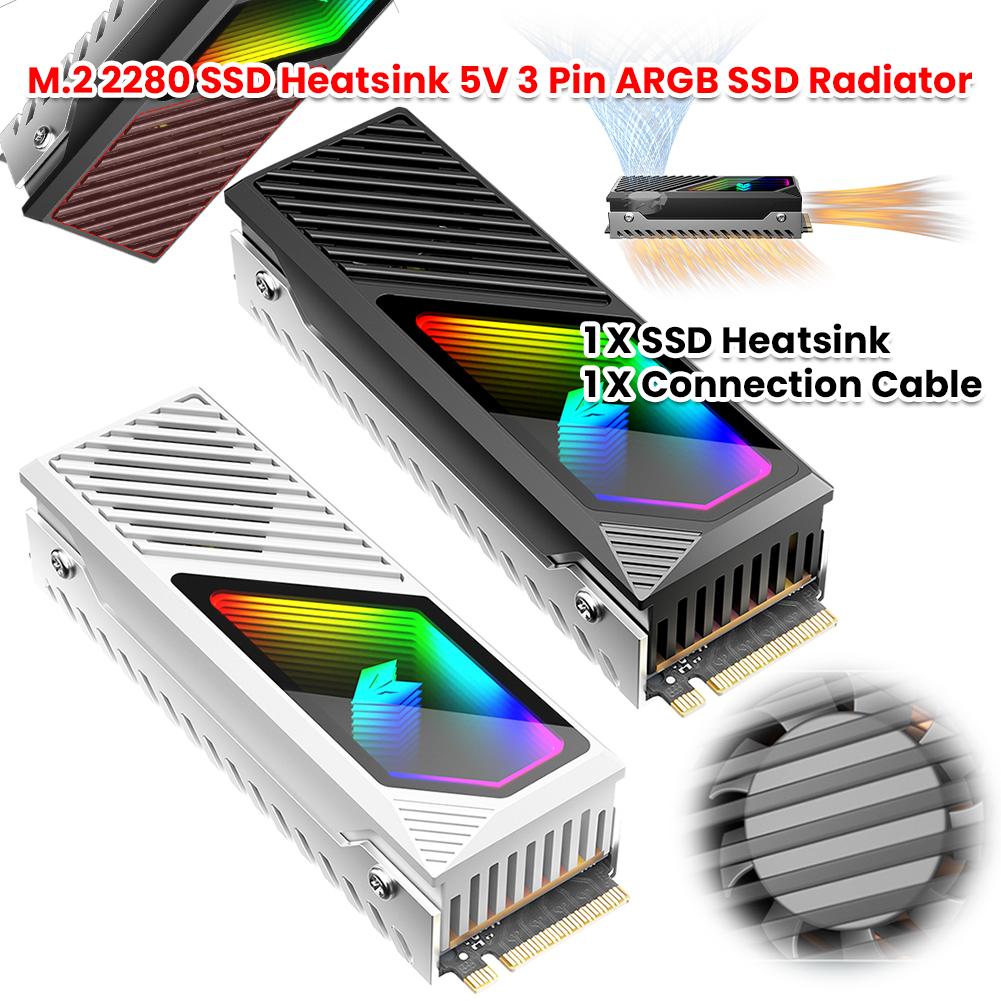 M.2 2280 SSD Heatsink SSD Aluminum Alloy Radiator with Thermal Silicone Pad 5V 3 Pin ARGB Solid State Drive Cooler Built-in Fan