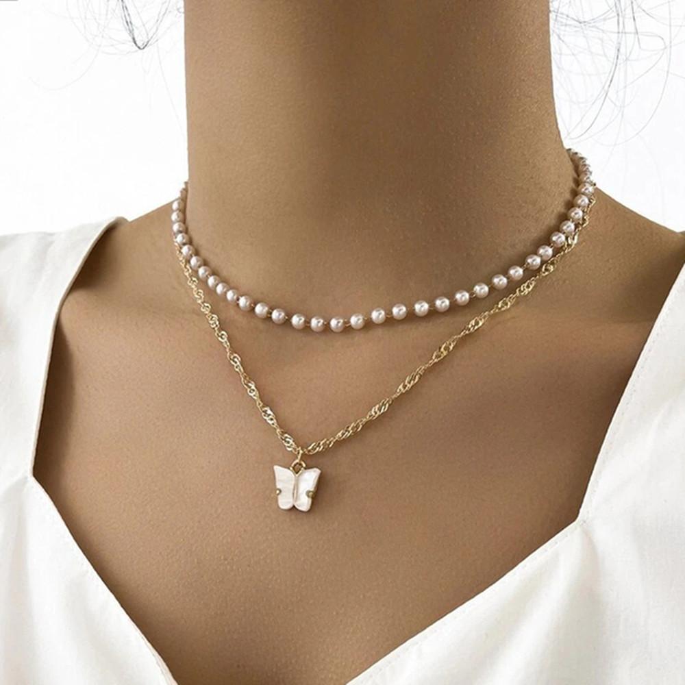 Necklace, summer multi-layer white pearl moon star pendant necklace for women