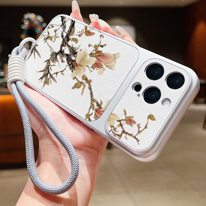 INS Floral Pattern Leather Lanyard Case For iPhone 18 Pro Max Hybrid TPU+PU Anti-skid Soft Cover For iPhone 17 16 15 14 13 Pro Max