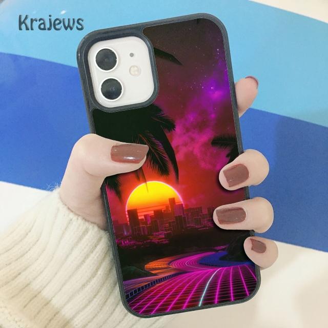 Krajews 80s Retrowave Neon Palms Tree Soft Phone Case Cover For iPhone 17 Air 16 15 14 plus 11 12 13 pro max coque Fundas
