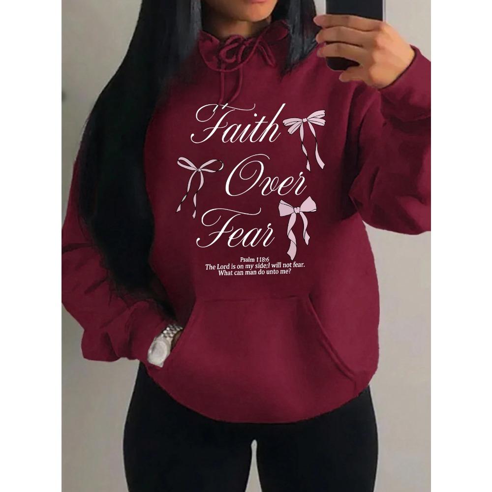 Pink Bow Faith Over Fear Printing Women Hoodies Pocket Loose Hoody Casual Fleece Y2K Hoodie Soft Woman Clothes