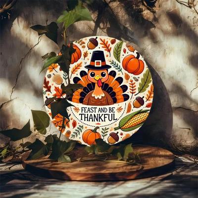Vintage Metal Round Sign 8 Inch Autumn Thanksgiving Wall Decor Turkey Farmhouse Tin Sign For Home Cafe Office Holiday Gift