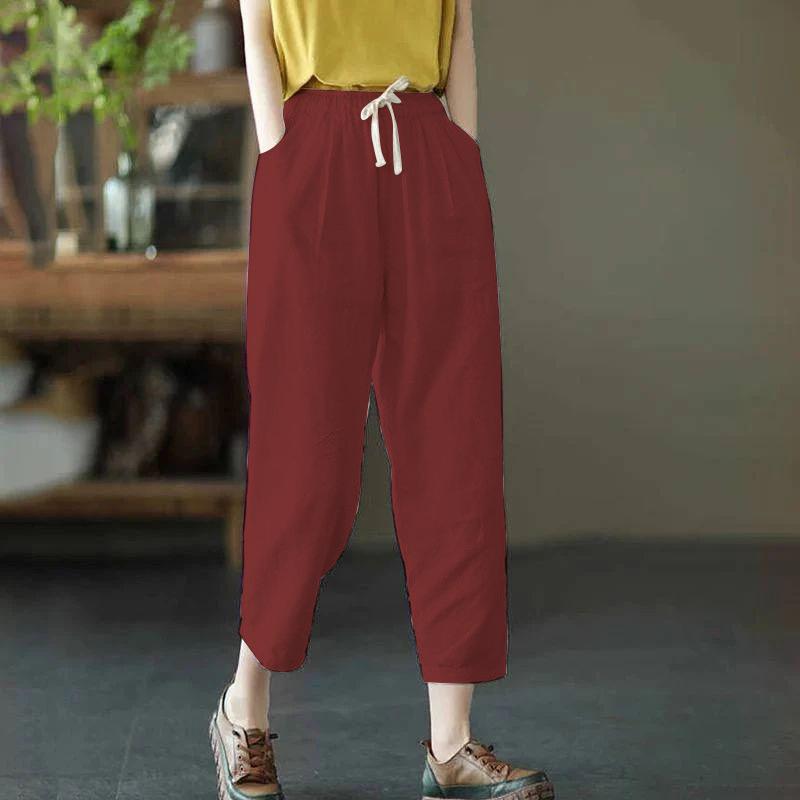Literary Solid Color Casual Pants for Women Elastic Waist Slimming Casual Cropped Pants for Women Versatile Feet Drawstring Harem Pants for Women