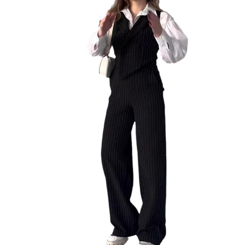 European and American Striped Print Summer Set: Short Vest & Wide-Leg Long Pants for Women, 2024 Collection