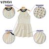 VONDA Women Summer Sleeveless Polka Dots Slim Waist Ruffled Pleated Dress