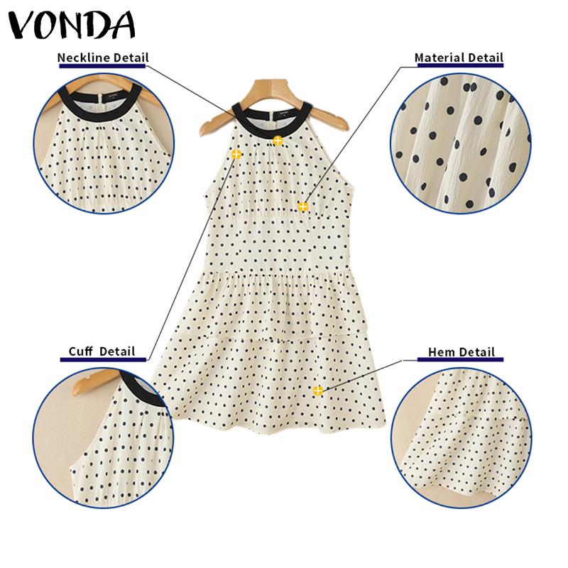 VONDA Women Summer Sleeveless Polka Dots Slim Waist Ruffled Pleated Dress