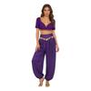 S-XXL Womens Belly Dance Outfit V Neck Short Sleeve Gold Trim Crop Top and Sequin Tassel Long Pants 2-piece Set for India Dance Folk Dance