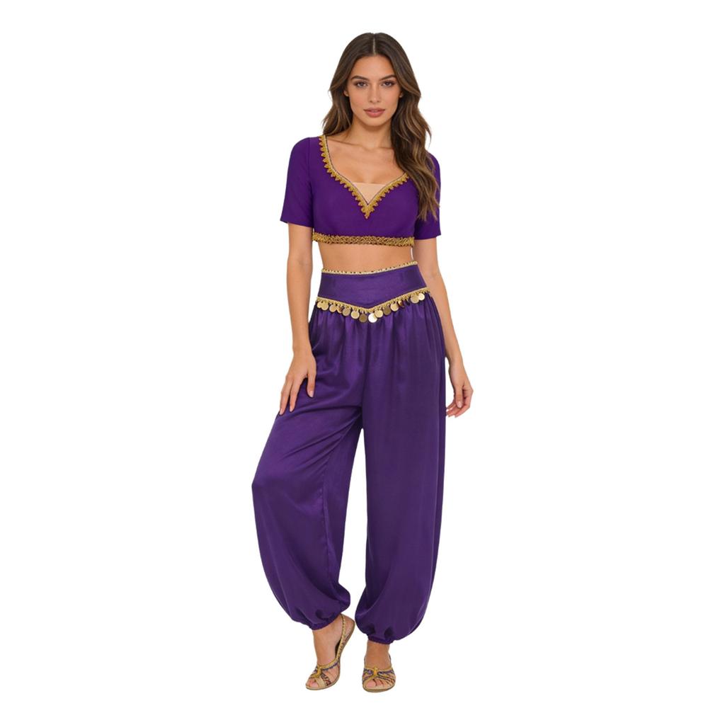 S-XXL Womens Belly Dance Outfit V Neck Short Sleeve Gold Trim Crop Top and Sequin Tassel Long Pants 2-piece Set for India Dance Folk Dance