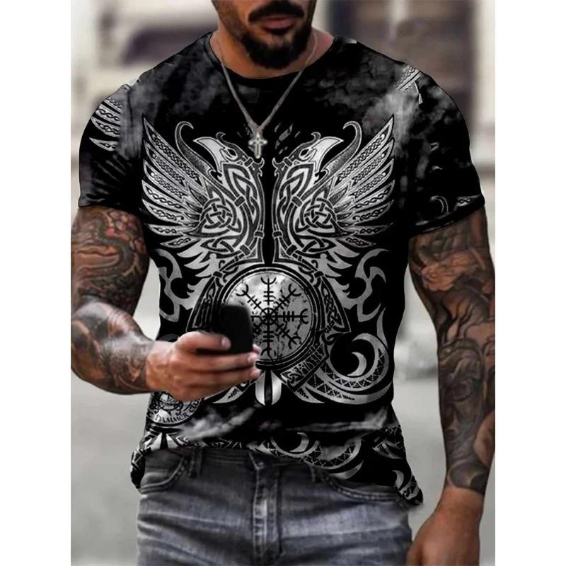 Europe and the United States Selling Viking Tattoo Art T-shirt Men's 3D Printed Round Neck T-shirt Summer Casual Sports Short Sl