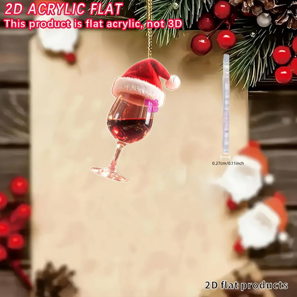 2D Flat Christmas Acrylic Wine Glass Pendant, Car Decoration Keychain Backpack Accessory Creative Holiday Gift