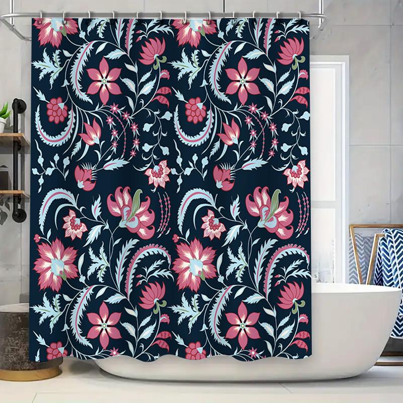 

Floral Shower Curtain with Pink Blue Flowers, Modern Decor, Navy Background Set for Bathtub (180x245cm) 90x180cm
